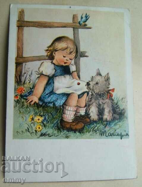 Παλιά ευχετήρια κάρτα - Κορίτσι και σκύλος, 1965