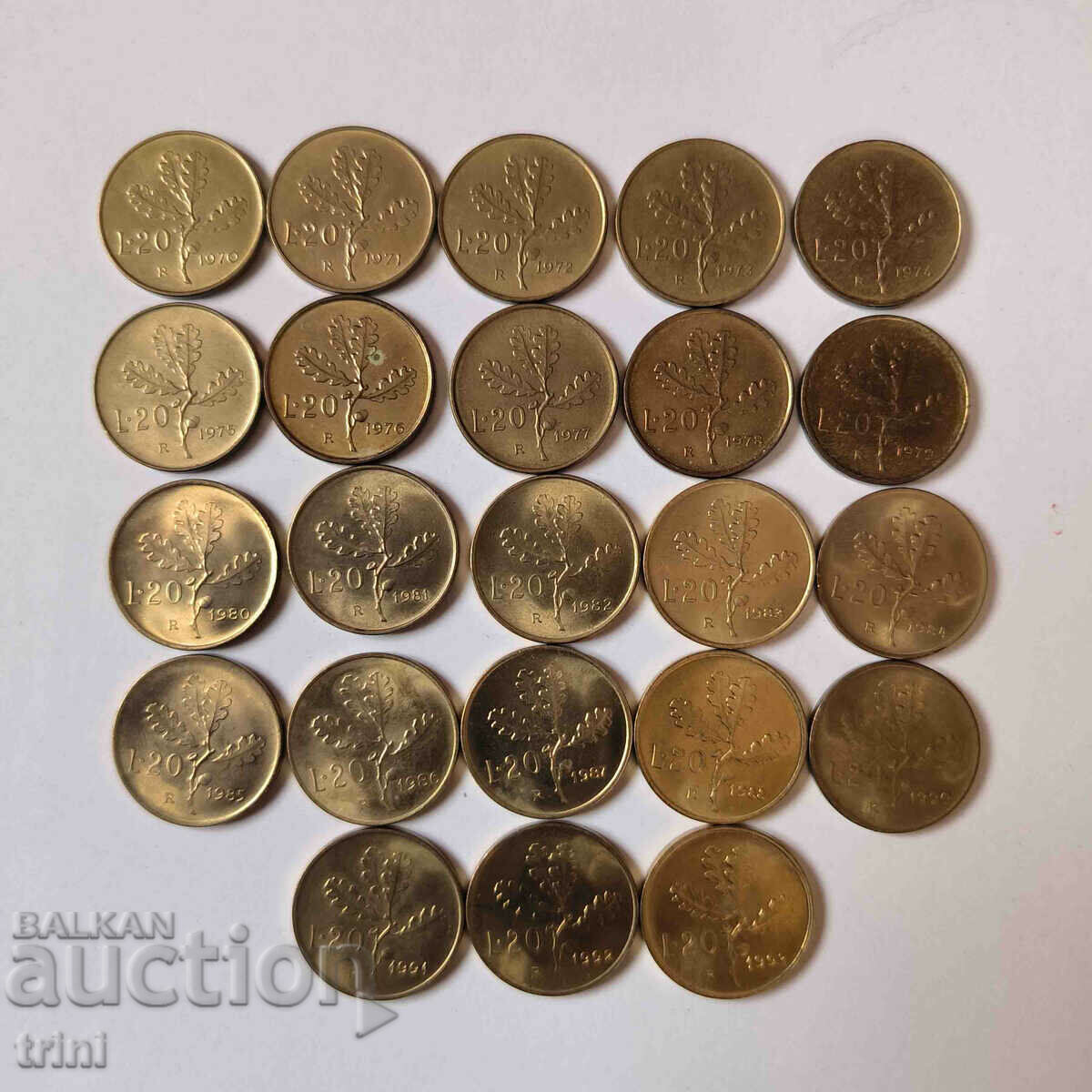 Италия лот 20 лири 1970 - 1993 година,  23 броя а11