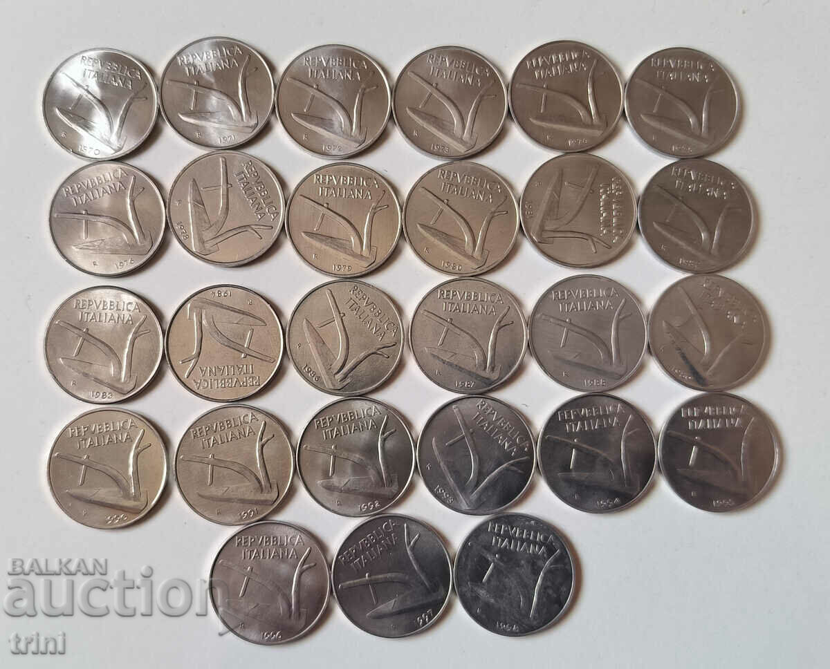 Италия лот 10 лири 1970 - 1998 година,  27 броя а12