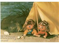 Old card - dolls - On a tent