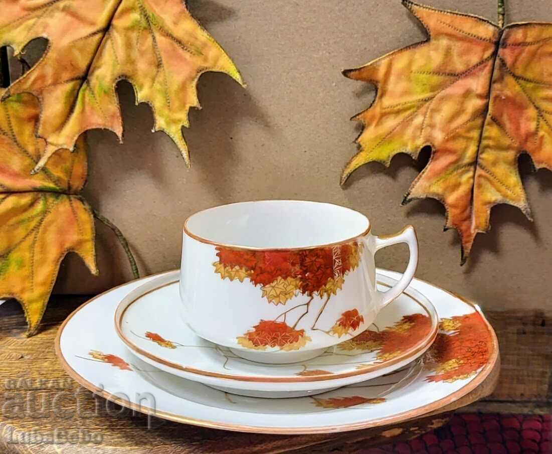 Japanese porcelain triple set with Maple leaf decor.