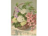 Old card - greeting - Basket with flowers