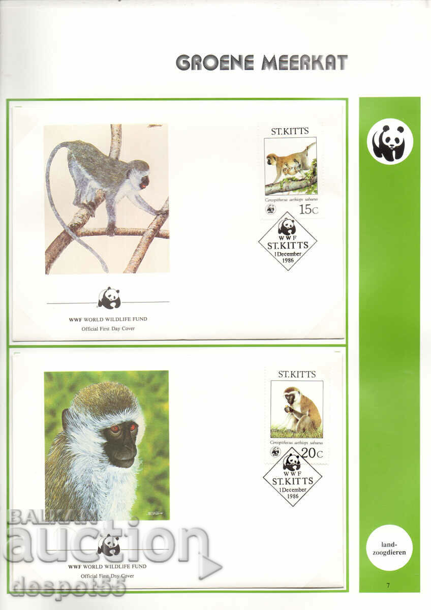1986. St. Kitts. Specii pe cale de dispariție - Maimuțe verzi. 4 plicuri.