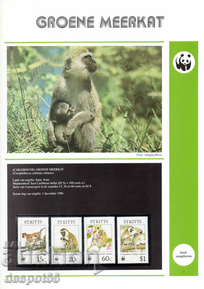 1986. St. Kitts. Endangered species - Green monkeys. with price 19.50 BGN | € 9.97 1986. St. Kitts. Endangered species - Green monkeys. with price 19.50 BGN | € 9.97