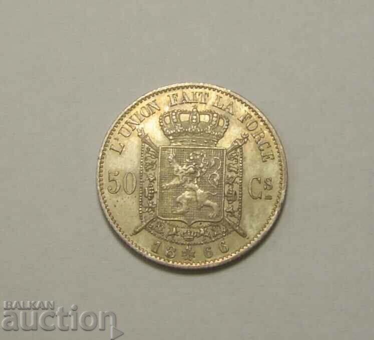 Belgia 50 de centi 1866 Argint