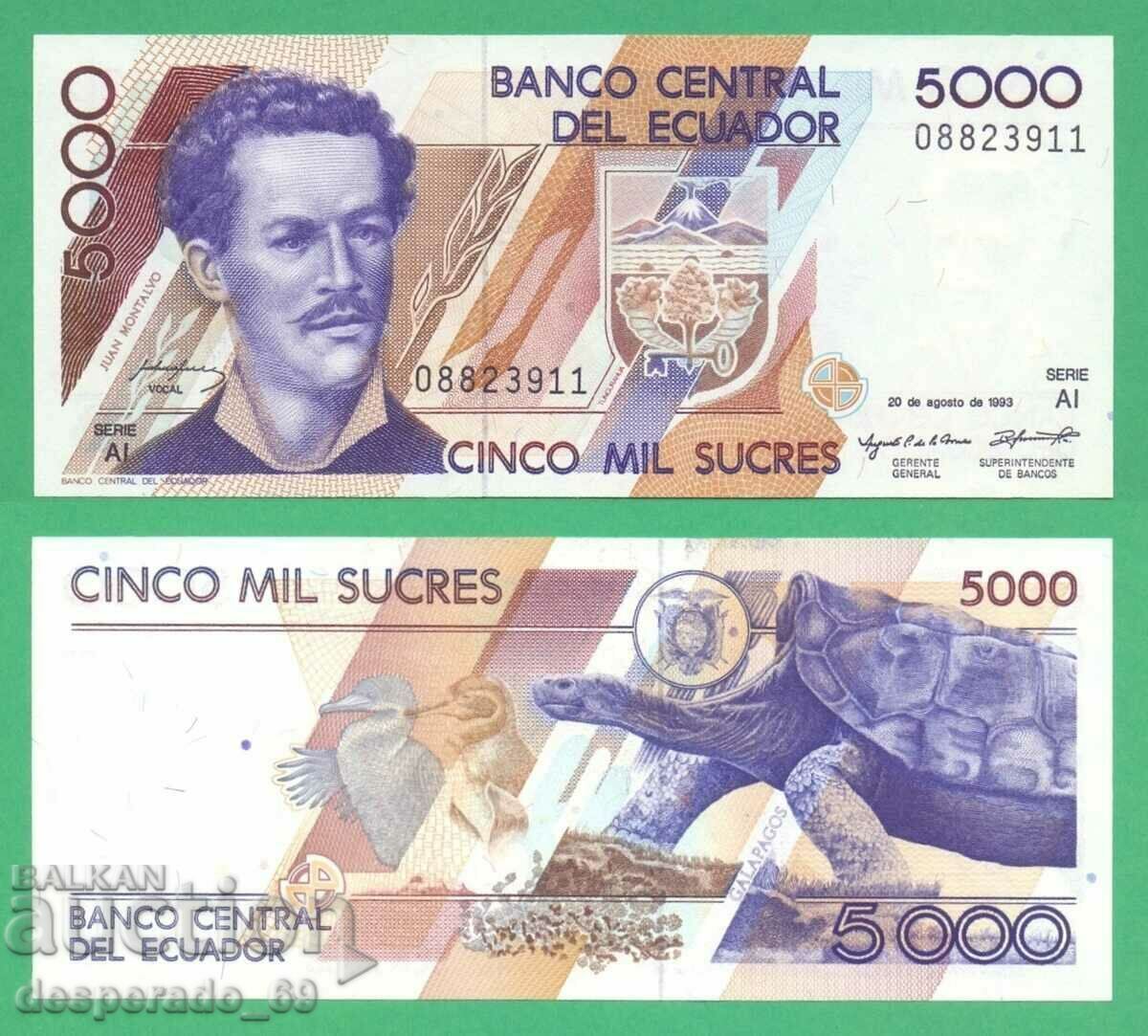 (¯`'•.¸ ECUADOR 5000 Sucre 1993 UNC ¸.•'´¯)
