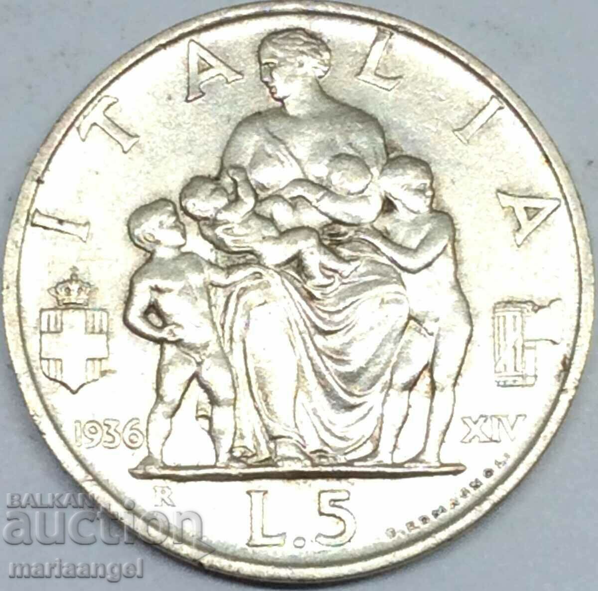 5 lire 1936 Italia * F E R T * argint