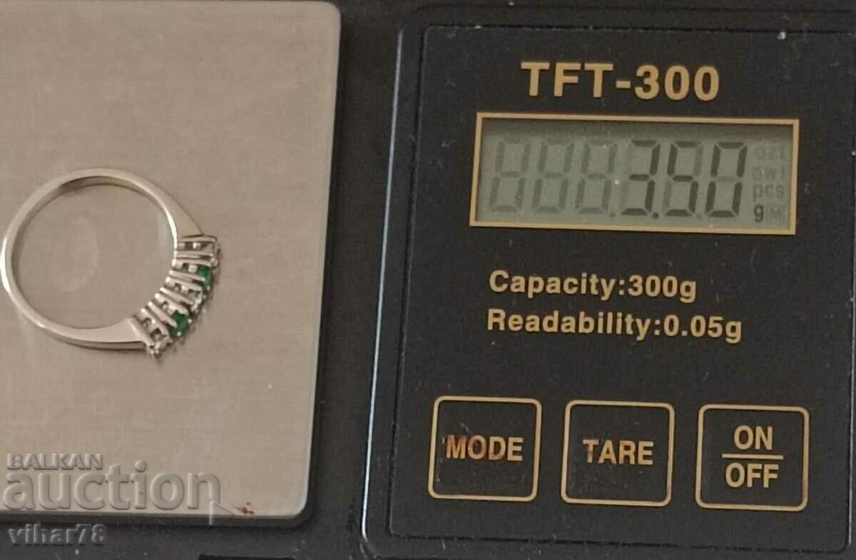 18k white gold ring with diamonds and emeralds - 6 18k white gold ring with diamonds and emeralds - 6