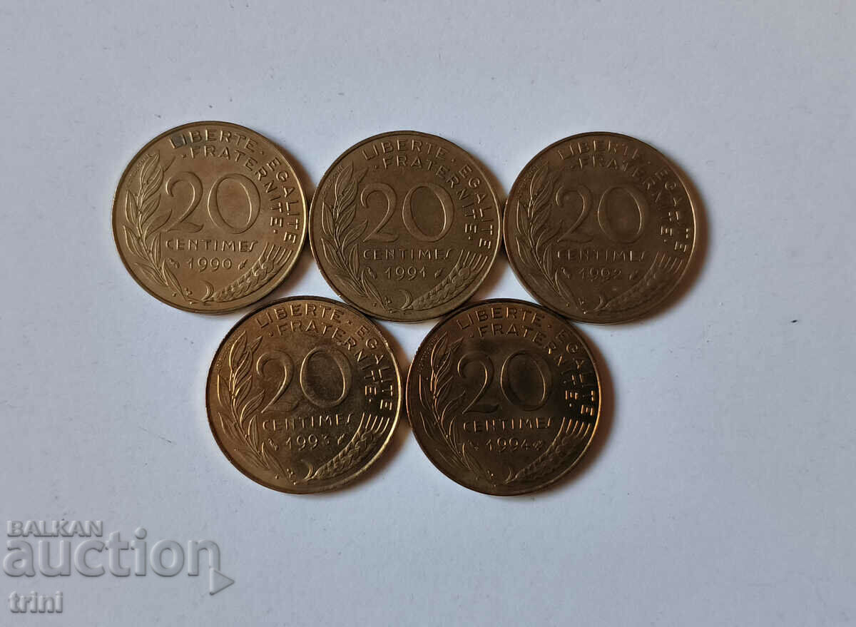 Franța 20 de cenți 1990, 1991, 1992, 1993 și 1994