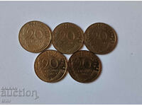 France 20 centimes 1990, 1991, 1992, 1993 and 1994