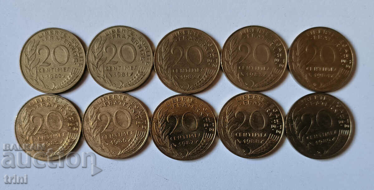 Franta lot complet 20 centimes 1980 - 1989 an