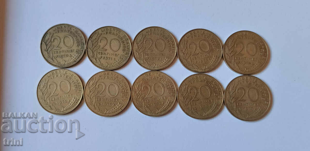 France complete lot 20 centimes 1970 - 1979