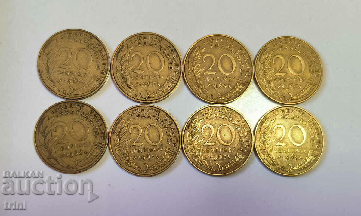 Франция пълен лот 20 сантима 1962 - 1969 година