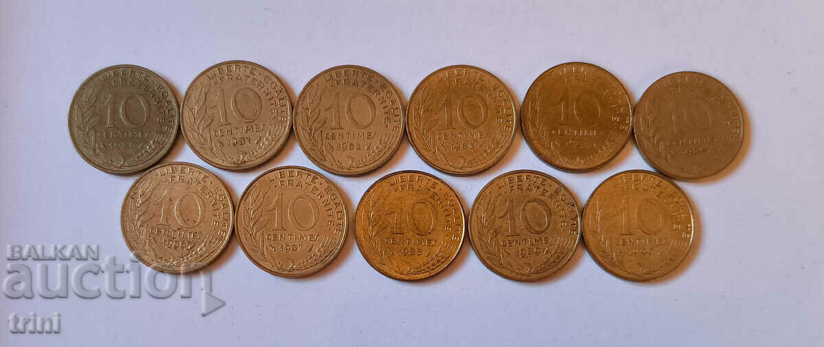 Franta lot complet 10 centimes 1980 - 1990 an