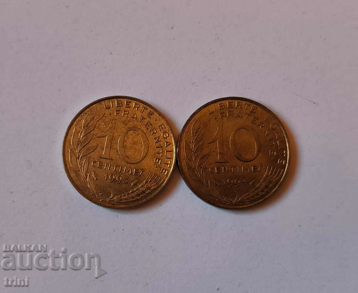 Франция  лот 10 сантима 1993 и 1994 година