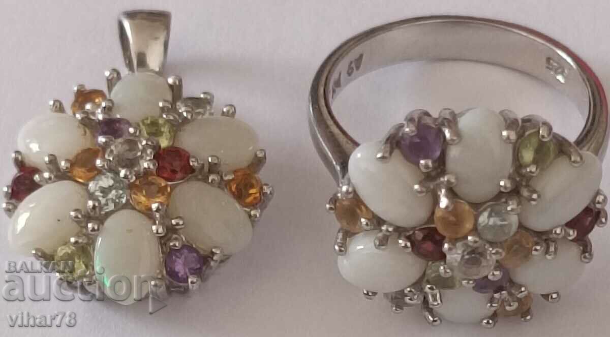 Frumos set de inel și pandantiv din opal argint - 5