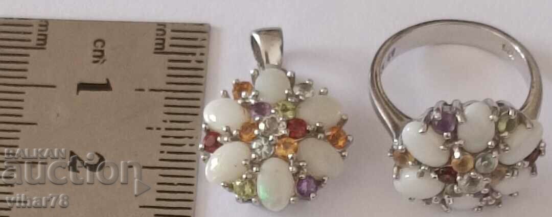 Beautiful silver opal ring and pendant set - 6