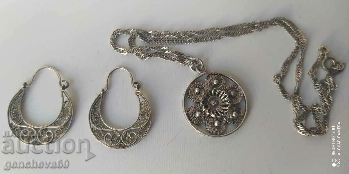 Renaissance silver earrings and necklace, filigree