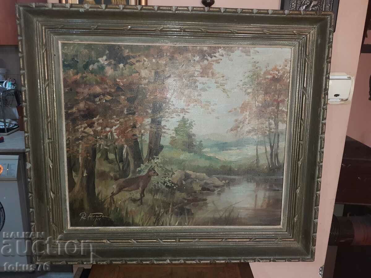 Old original painting oil on canvas, signed, wooden frame