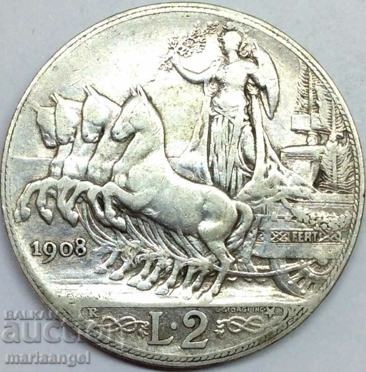 2 лири 1908 Италия сребро -  рядка