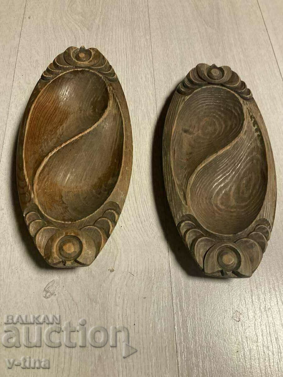Wooden plate bowl 2 pieces carving