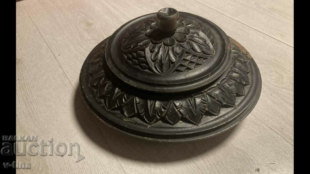 Wooden plate bowl with lid tandoor carving