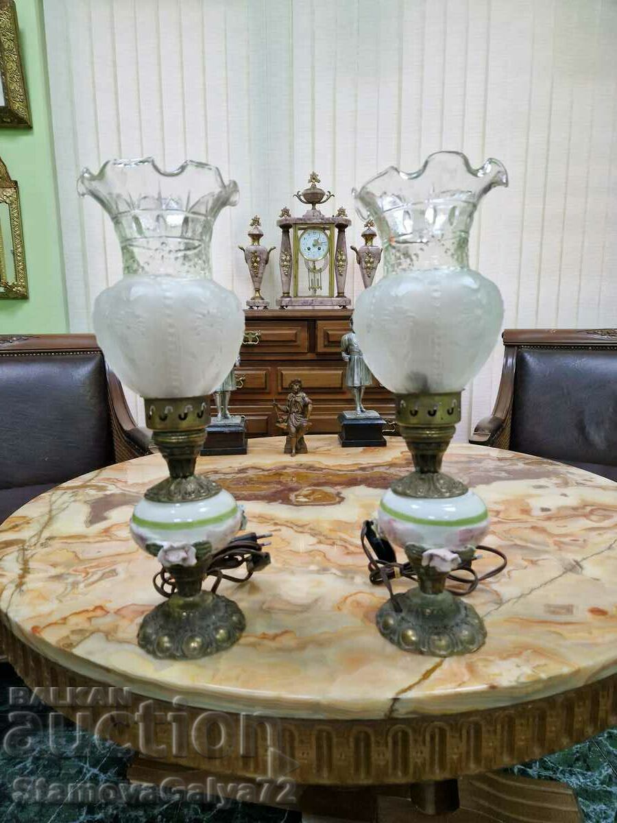 A pair of great antique Belgian bedside lamps