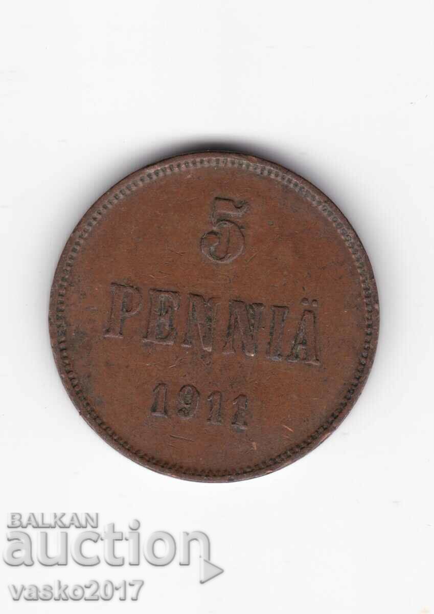 5 PENNIA - 1911 Russia for Finland