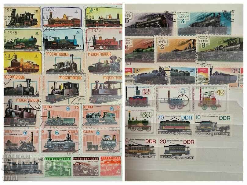 38 de timbre pe tema Transport - Locomotive, Trenuri