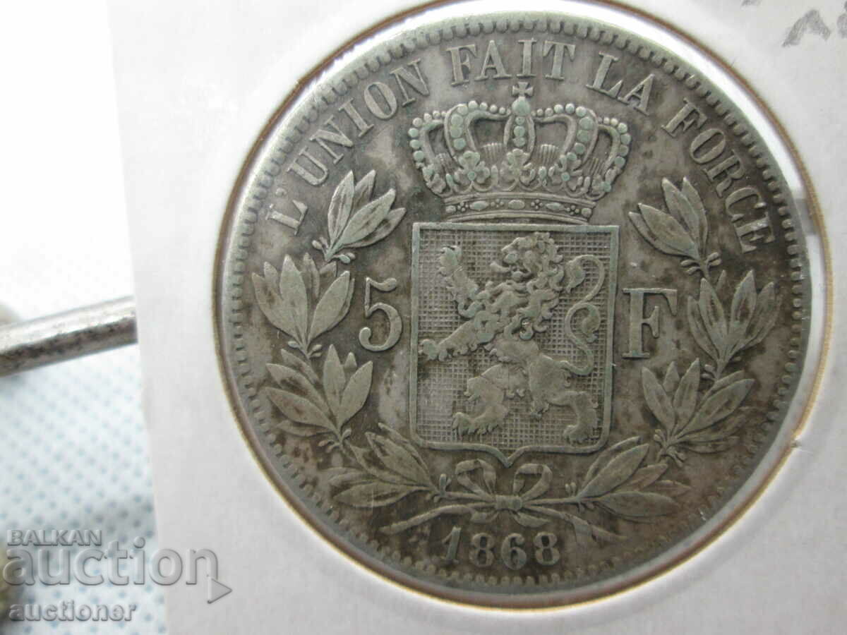 5 FRANC SILVER 1868 BELGIUM KING LEOPOLD - 5 5 FRANC SILVER 1868 BELGIUM KING LEOPOLD - 5
