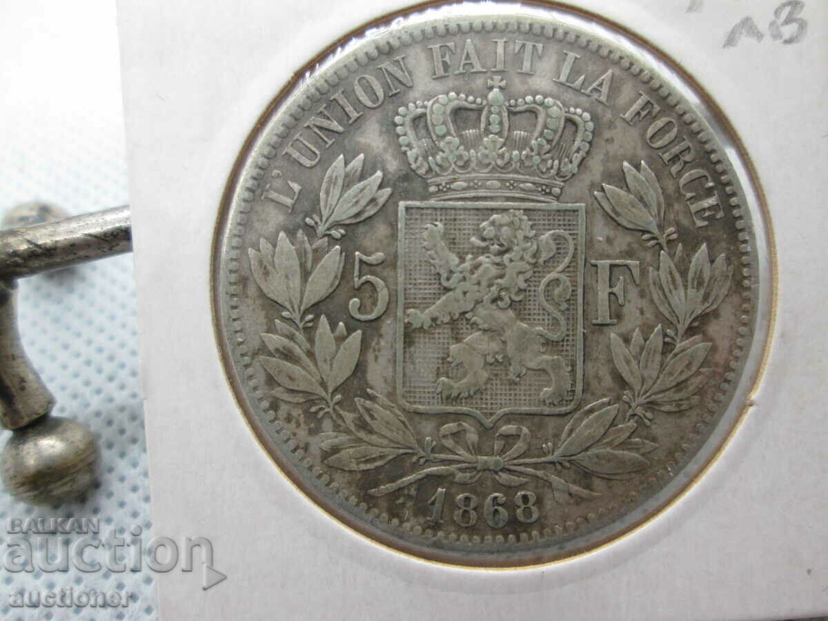 5 FRANC SILVER 1868 BELGIUM KING LEOPOLD - 7 5 FRANC SILVER 1868 BELGIUM KING LEOPOLD - 7