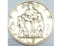 5 лири 1937 Италия Виктор Емануел III сребро - много рядка