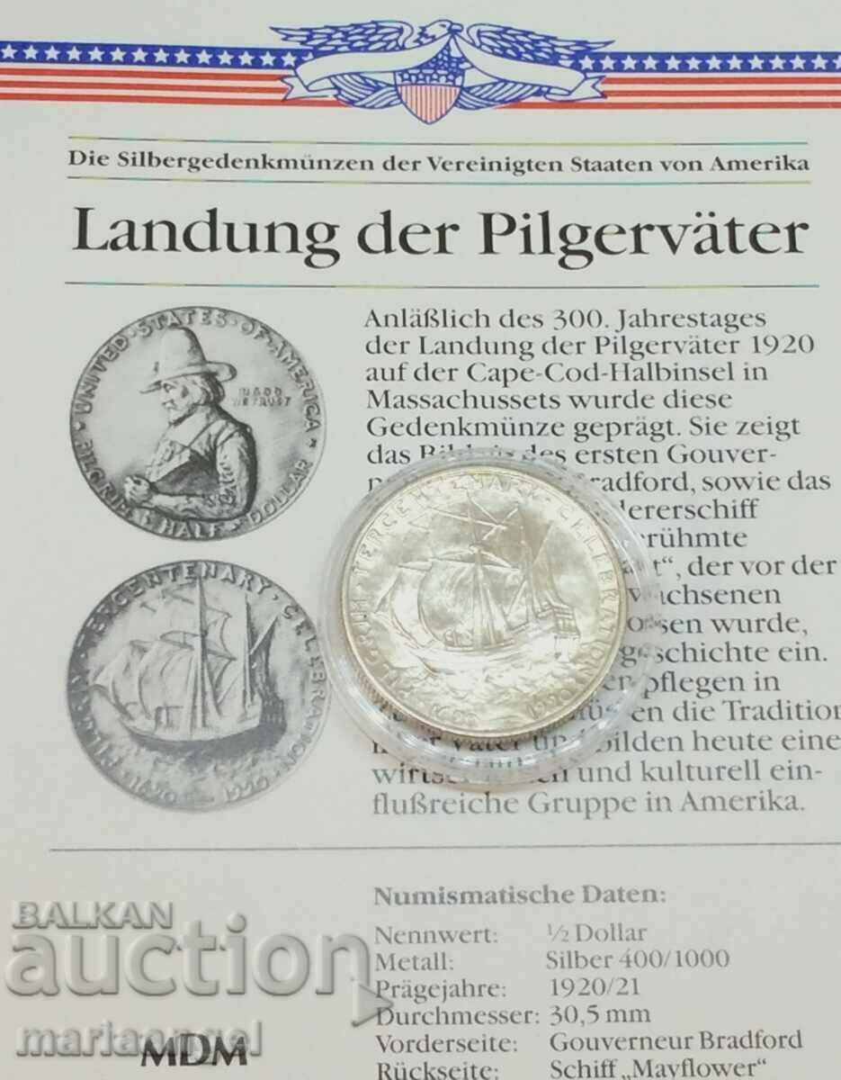 САЩ 1/2 долар 1920 Америка Pilgrim UNC сребро Патина