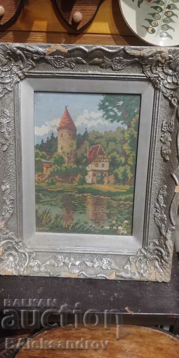 Large old framed tapestry