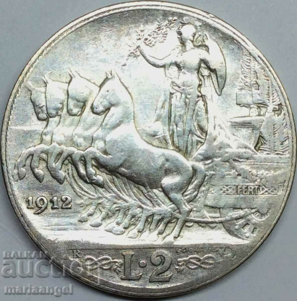 2 лири 1912 Италия сребро -  рядка