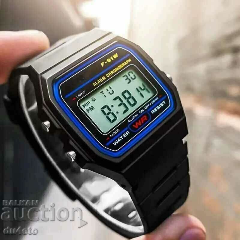 Men's wristwatch F-91W, time, date, chronometer, alarm, ca Men's wristwatch F-91W, time, date, chronometer, alarm, ca