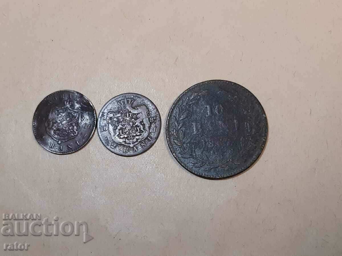 Coins 2 bani 1882, 2 bani 1900 and 10 bani 1867, Romania