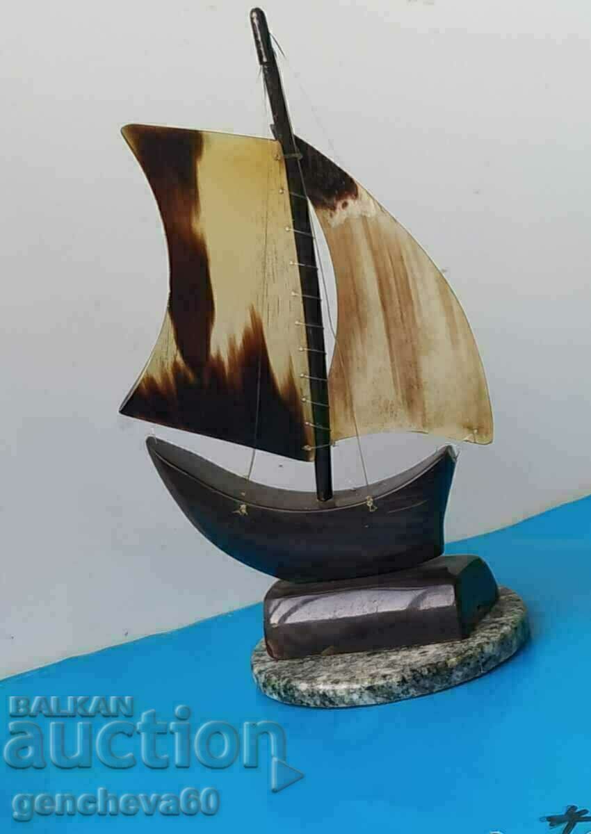 Retro sailing ship, handmade from horn