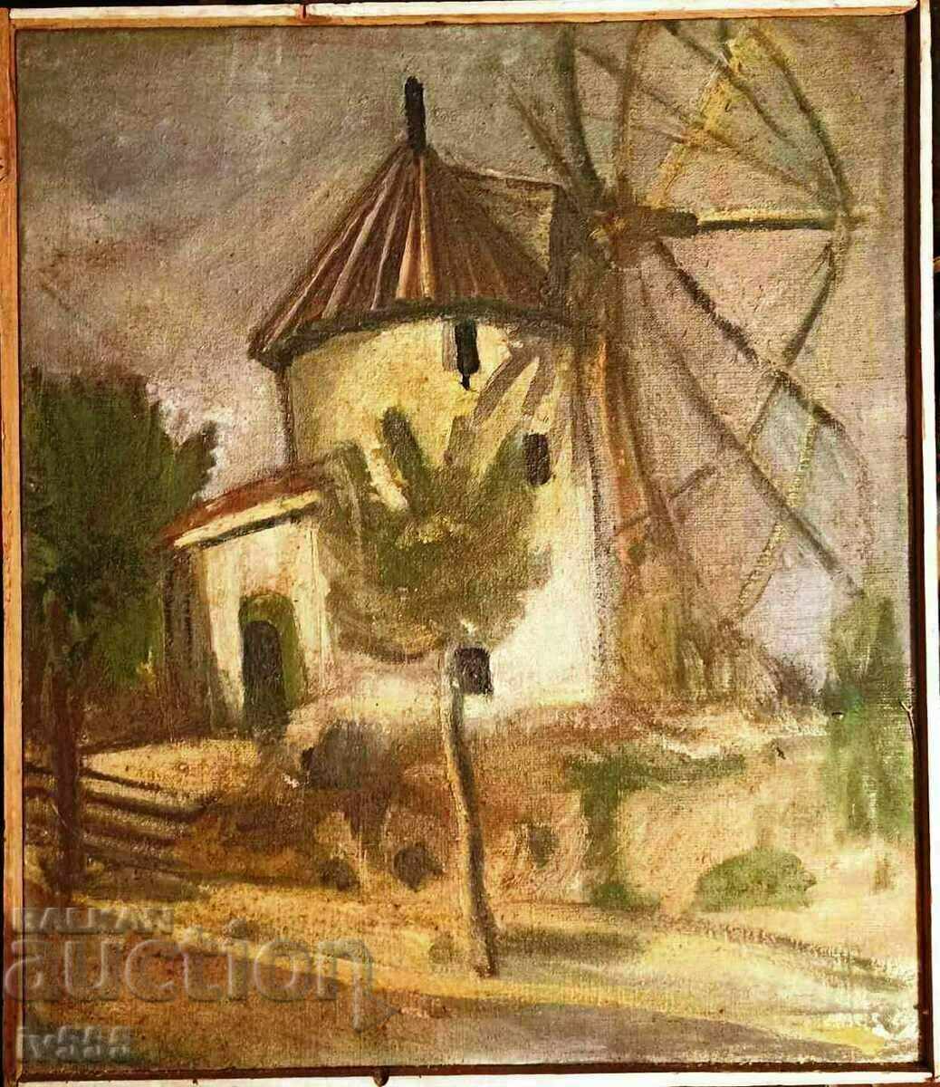 FOR SALE OLD BULGARIAN OIL PAINTING - WINDMILL