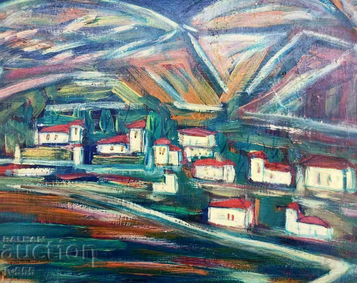 PICTURA ULEI BULGARĂ PETER DOMUSCHIEV - PEISAJ CU CASE cu preț 500.00 BGN | € 255.65