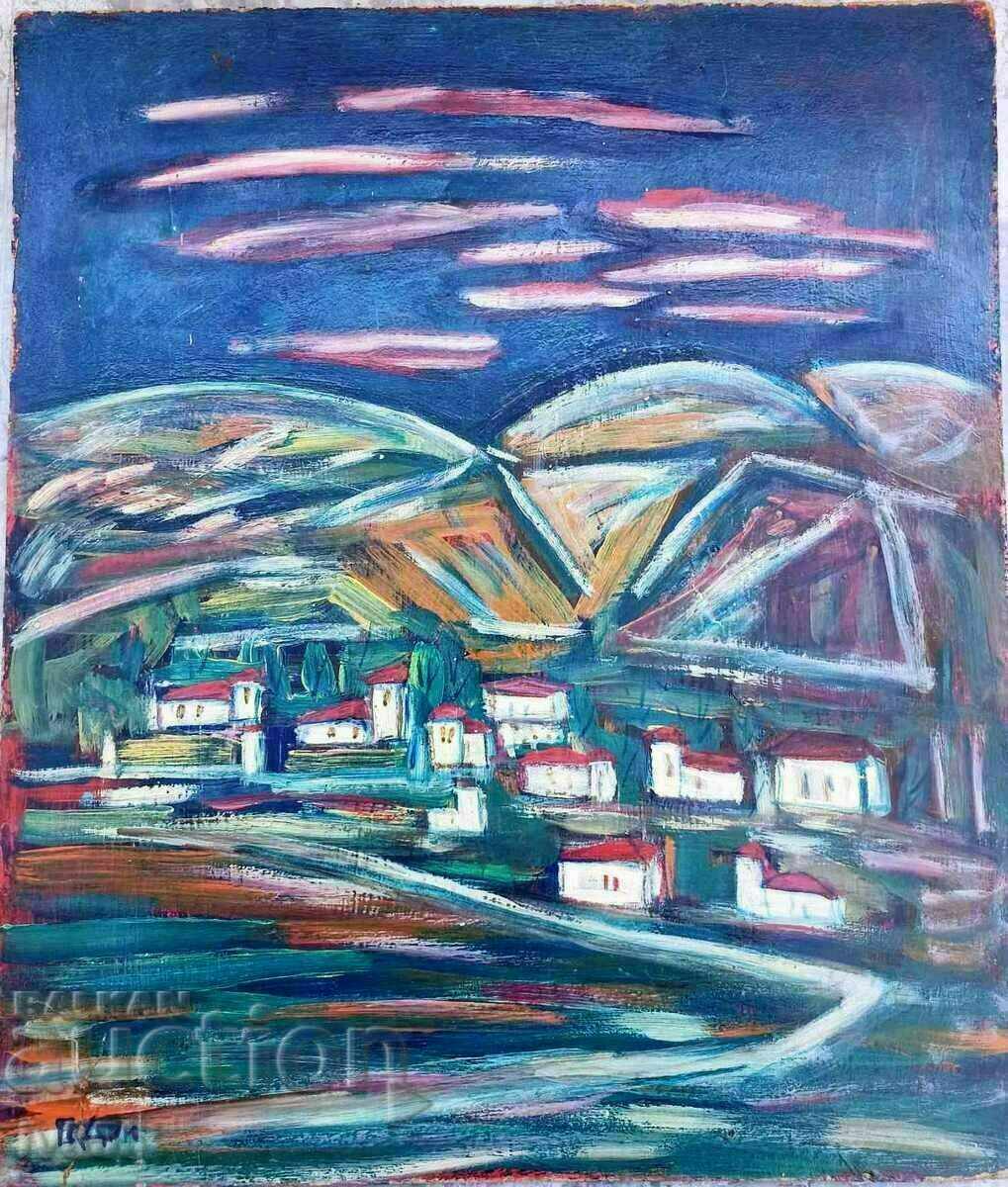 PETER DOMUSCHIEV BULGARIAN OIL PAINTING - LANDSCAPE WITH HOUSES