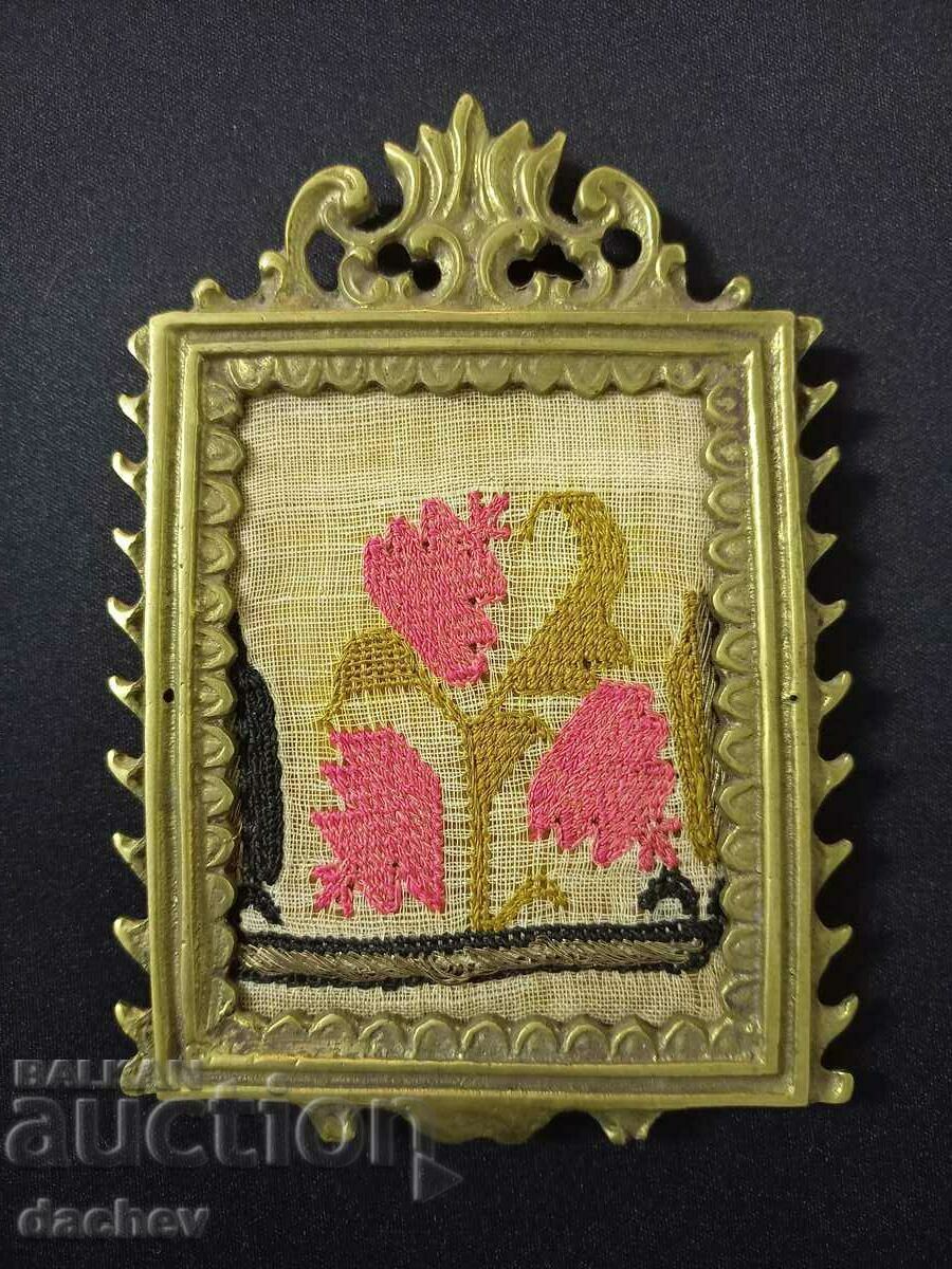 Стара Автентична Бронзова Рамка с Гоблен златна сърма 100год Стара Автентична Бронзова Рамка с Гоблен златна сърма 100год