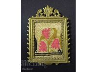 Old Authentic Bronze Frame with Gold Tinsel Tapestry 100yrs