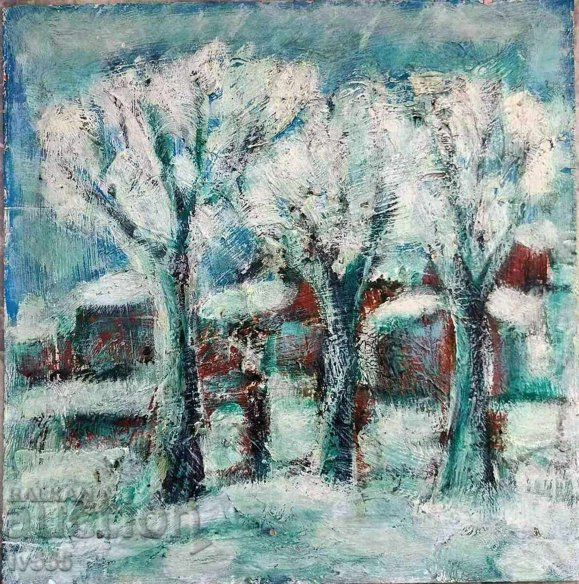 OLD BULGARIAN OIL PAINTING - WINTER