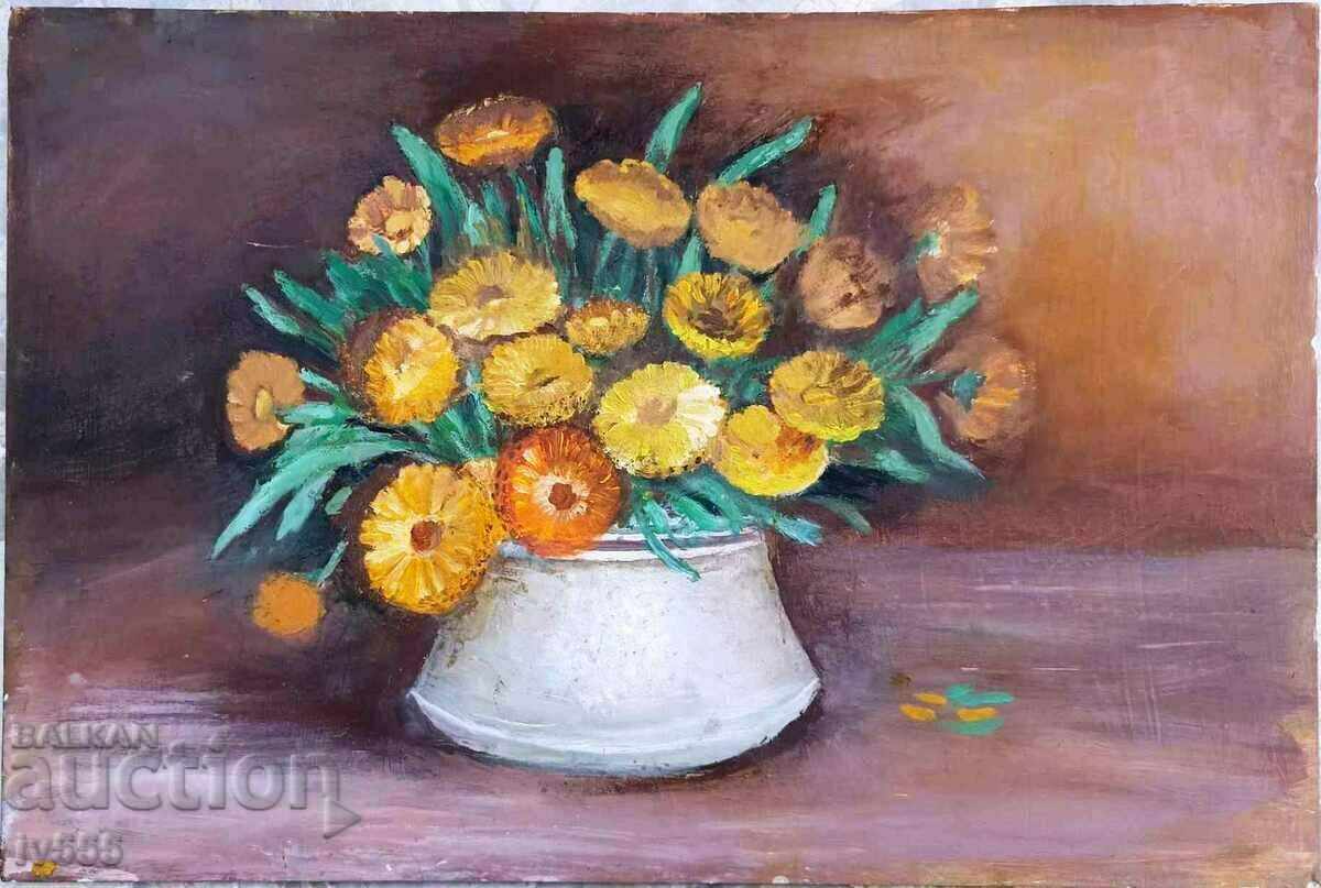 NIKOLAI ILIEV OLD BULGARIAN OIL PAINTING - BOY WITH FLOWERS NIKOLAI ILIEV OLD BULGARIAN OIL PAINTING - BOY WITH FLOWERS