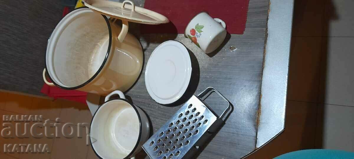 Pot, grater, glass and pot