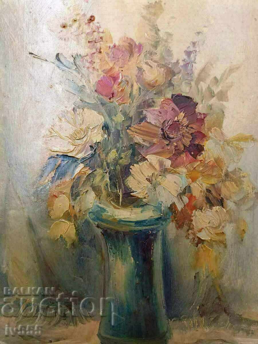 GEORGI PETROV OLD BULGARIAN OIL PAINTING - VASE WITH FLOWERS with price 300.00 BGN | € 153.39 GEORGI PETROV OLD BULGARIAN OIL PAINTING - VASE WITH FLOWERS with price 300.00 BGN | € 153.39