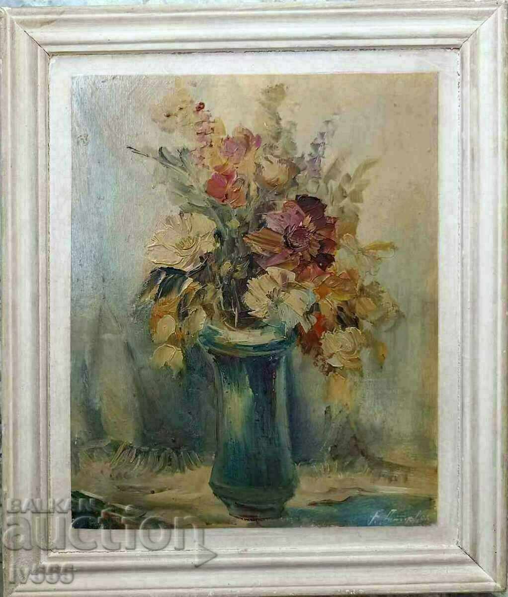 GEORGI PETROV OLD BULGARIAN OIL PAINTING - VASE WITH FLOWERS GEORGI PETROV OLD BULGARIAN OIL PAINTING - VASE WITH FLOWERS