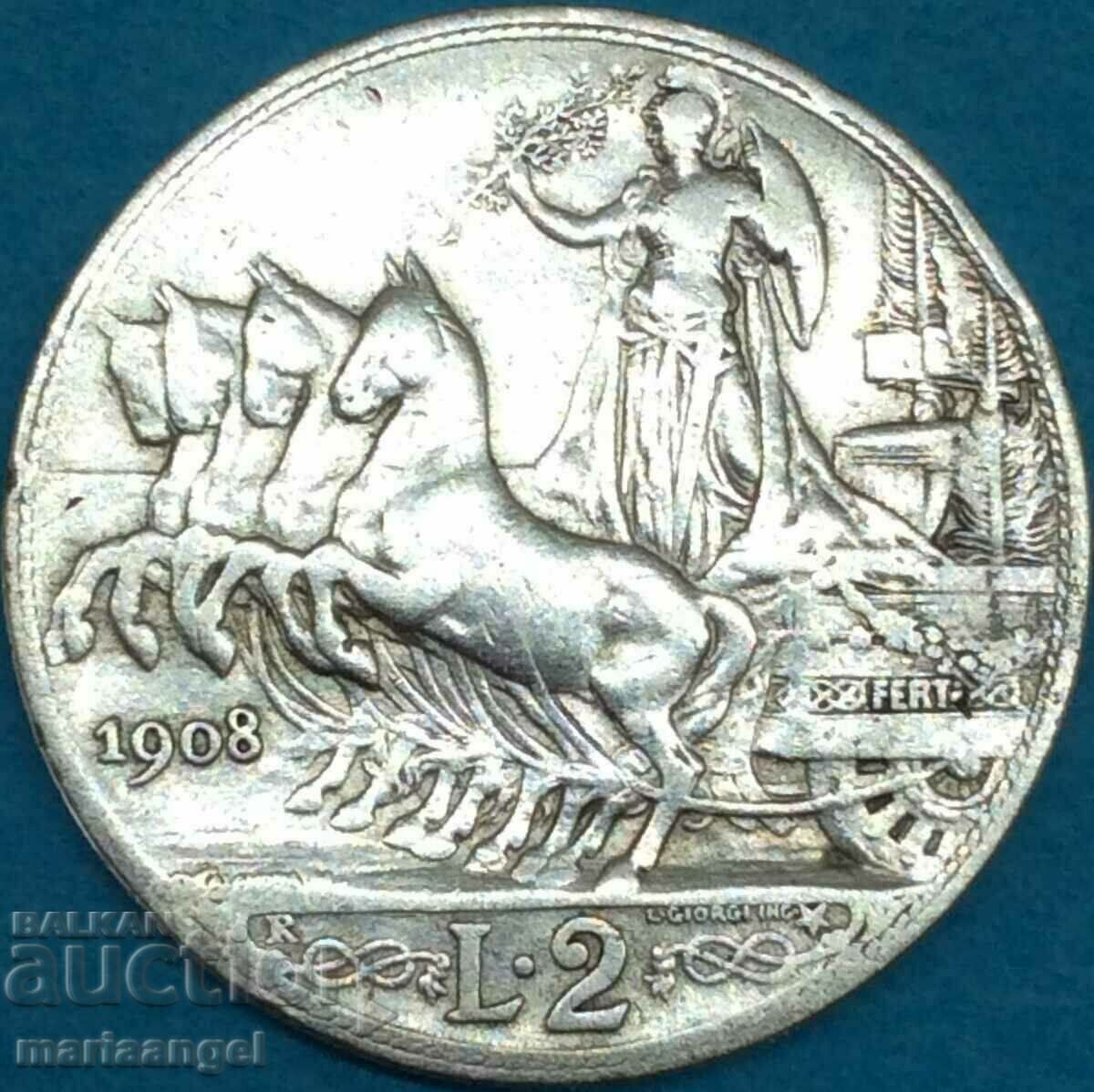 2 лири 1908 Италия сребро -  рядка