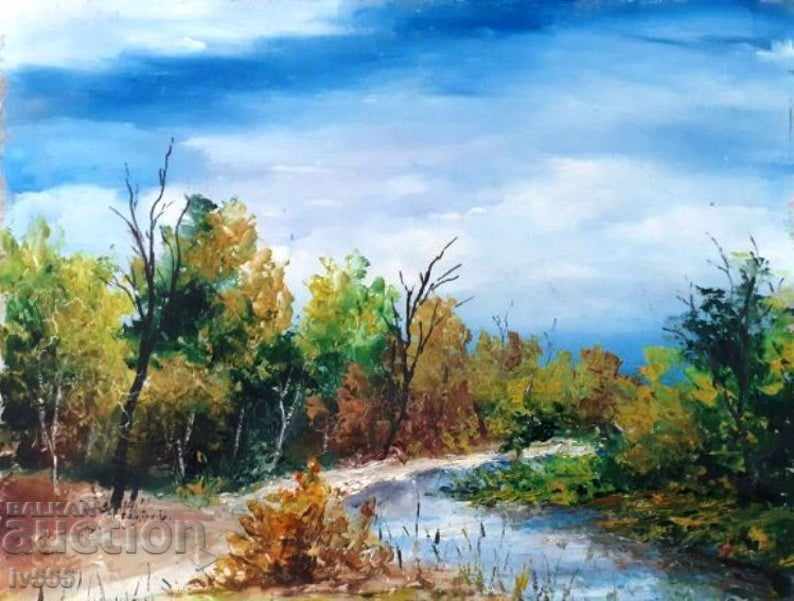 OLD BULGARIAN OIL PAINTING - AUTUMN LANDSCAPE 2 OLD BULGARIAN OIL PAINTING - AUTUMN LANDSCAPE 2